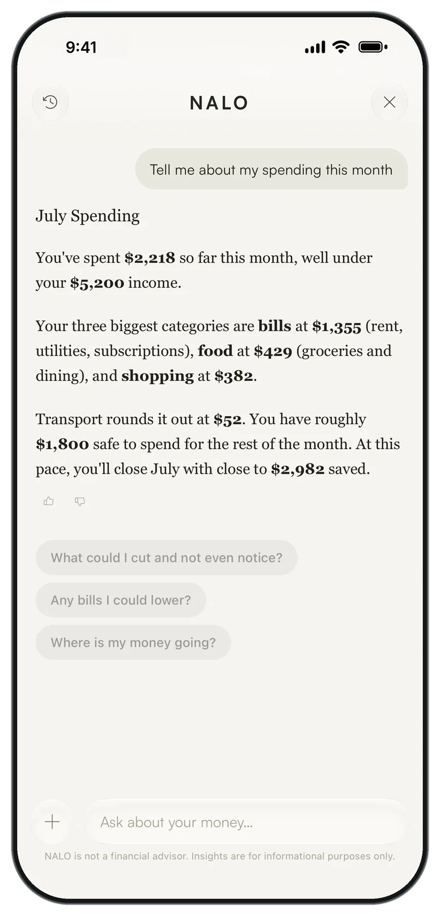 Nalo's AI answering a question about this month's spending