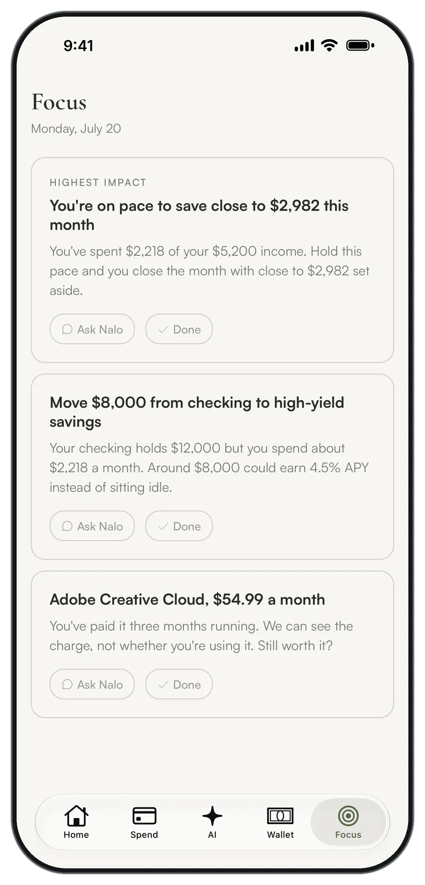 Nalo Focus screen: the day's prioritized money actions, including a subscription worth reviewing
