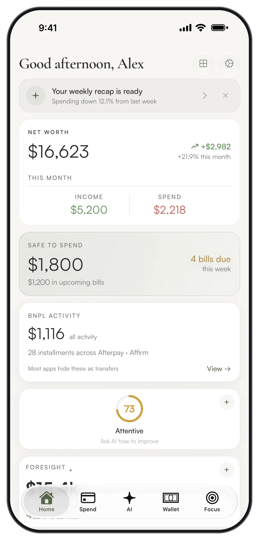 Nalo home screen showing net worth, this month's income and spending, and safe-to-spend