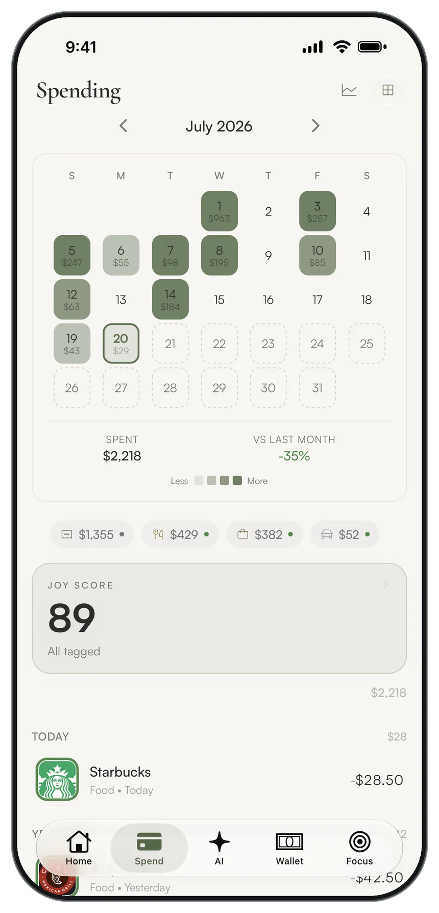 Nalo spending screen: a monthly calendar heatmap with category totals