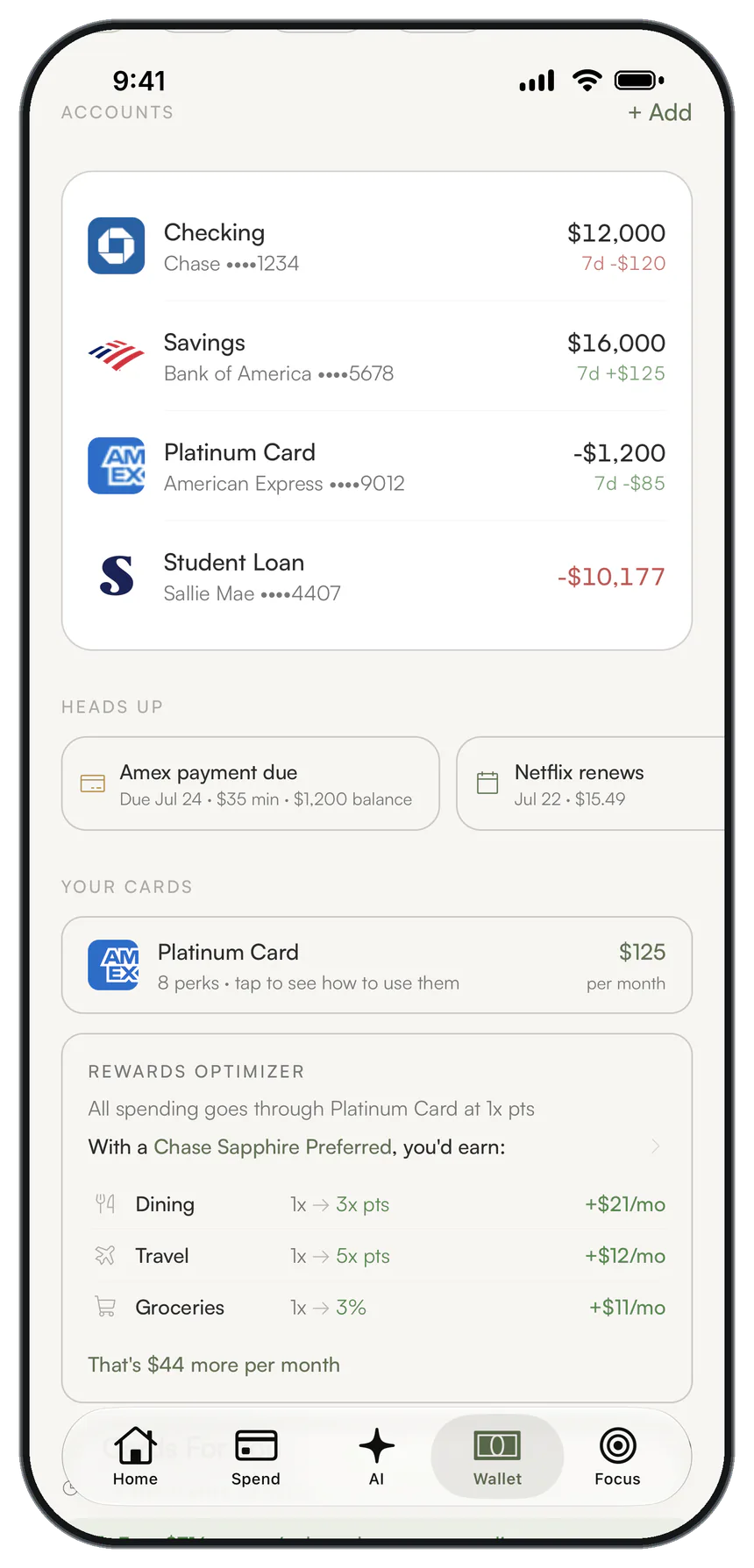 Nalo Wallet screen: every linked account in one view, cash separated from debt